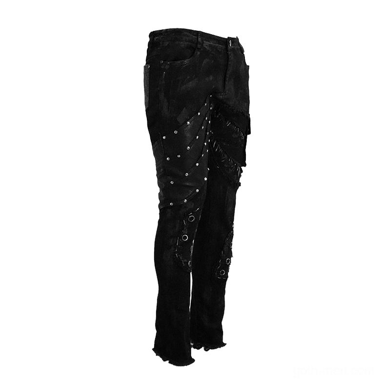 Gothic slim-fit black pants side profile showing tapered leg and frayed hem detail