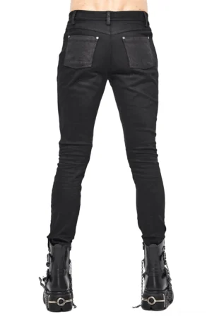 Black slim-fit punk jeans rear view displaying contrast back pockets, lace-up knee embellishments, and tailored fit