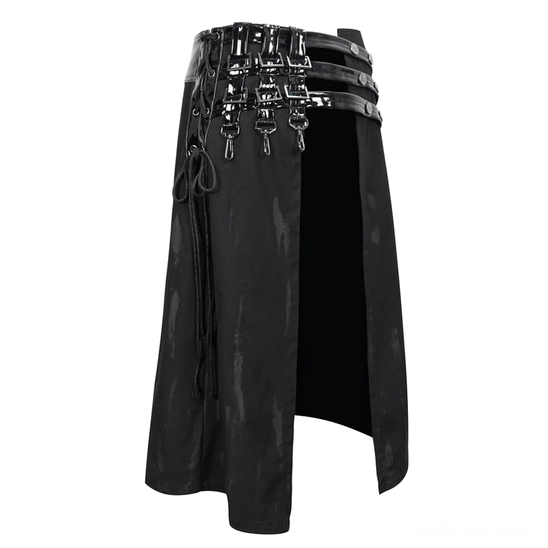 Side flat lay view of gothic men's kilt displaying round metal rivets, buckle straps, and adjustable side drawstrings