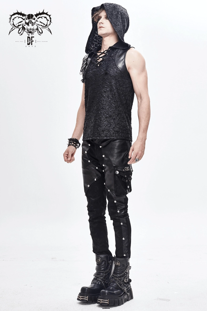 Black punk leather trousers - full length rear view showing fitted silhouette, rivets, and faux leather construction