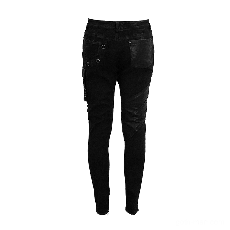 Black gothic cargo trousers rear flat view showing leather back pocket and rivet decorations