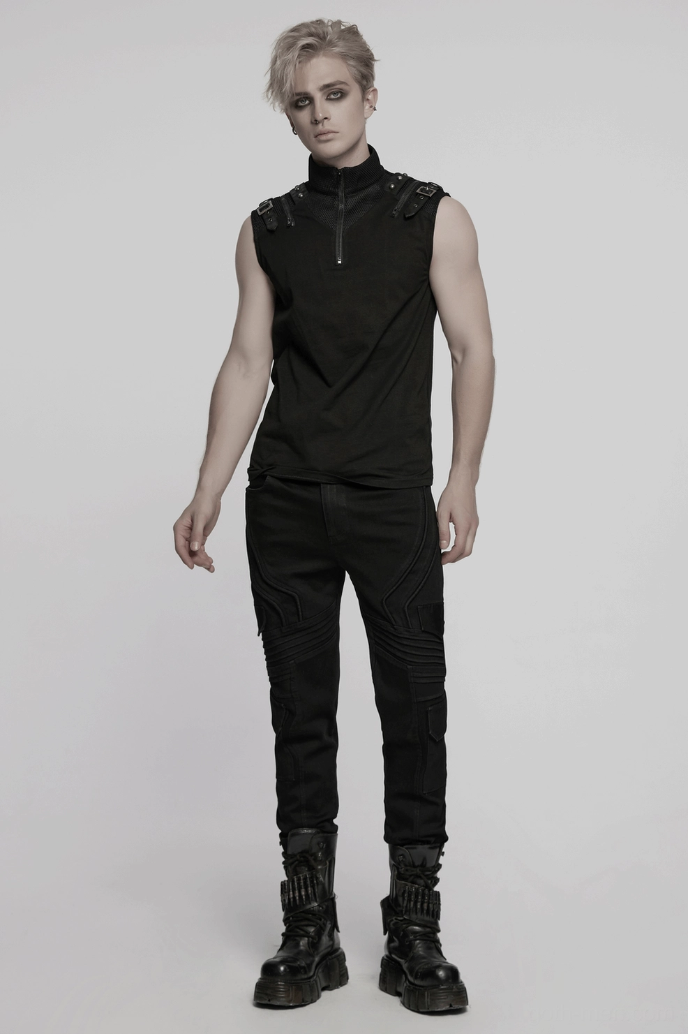 Black punk cargo pants tapered leg hem detail slim fit proportion