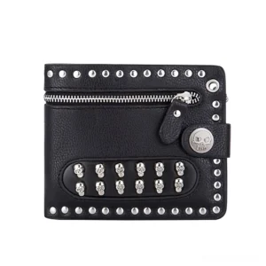 Black gothic punk wallet front view with silver skull studs, rivet details, and secure zipper pouch