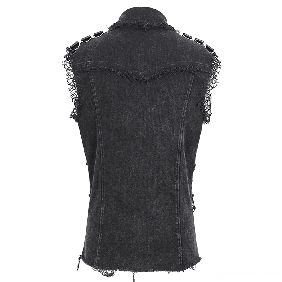 Black studded gothic vest back flat lay - tailored denim back panel with frayed lace accents