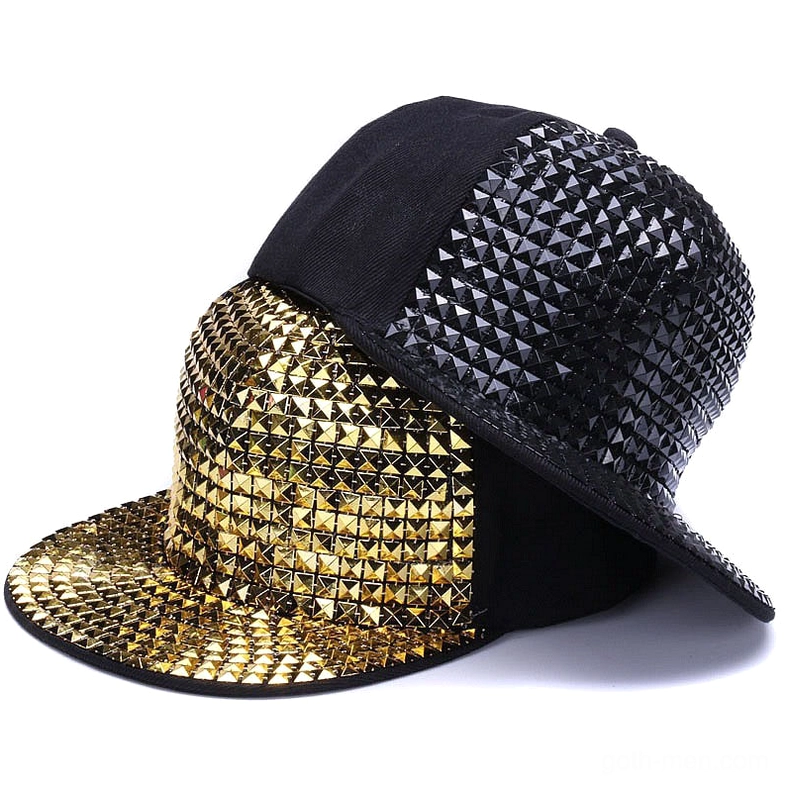 Black pyramid studded cap side profile emphasizing dimensional spike design