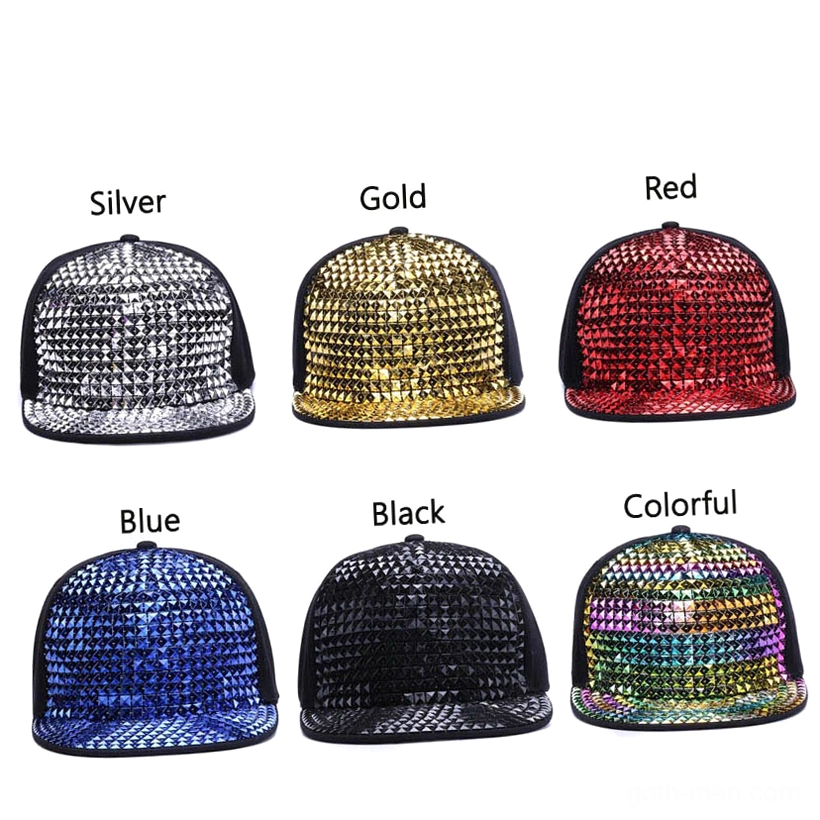 Black pyramid studded snapback cap worn perspective showcasing alternative street style