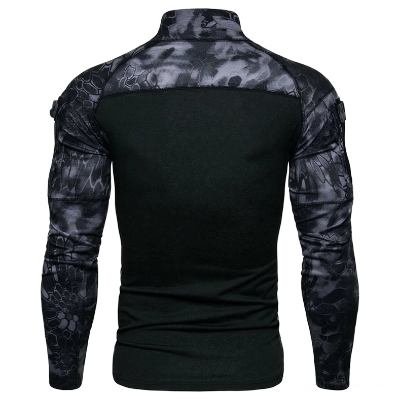 Rear view of black python camouflage tactical shirt showing solid back panel with patterned shoulder sections