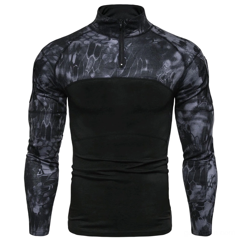 Men's black tactical sweatshirt with python scale camouflage pattern and 1/4 zip stand collar, front view