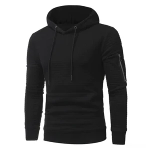 Black quilted gothic hoodie men's front view with arm zipper pocket