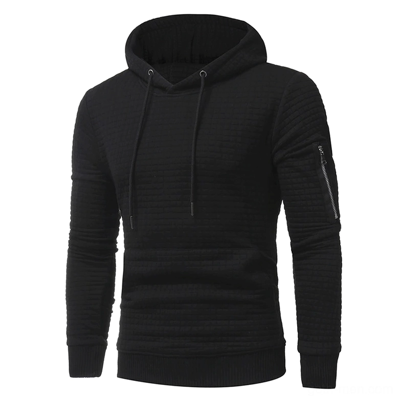Black quilted gothic hoodie men's front view with arm zipper pocket