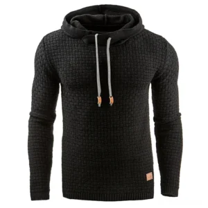 Black quilted gothic hoodie for men with grid texture pattern and orange drawstring hood, front full view