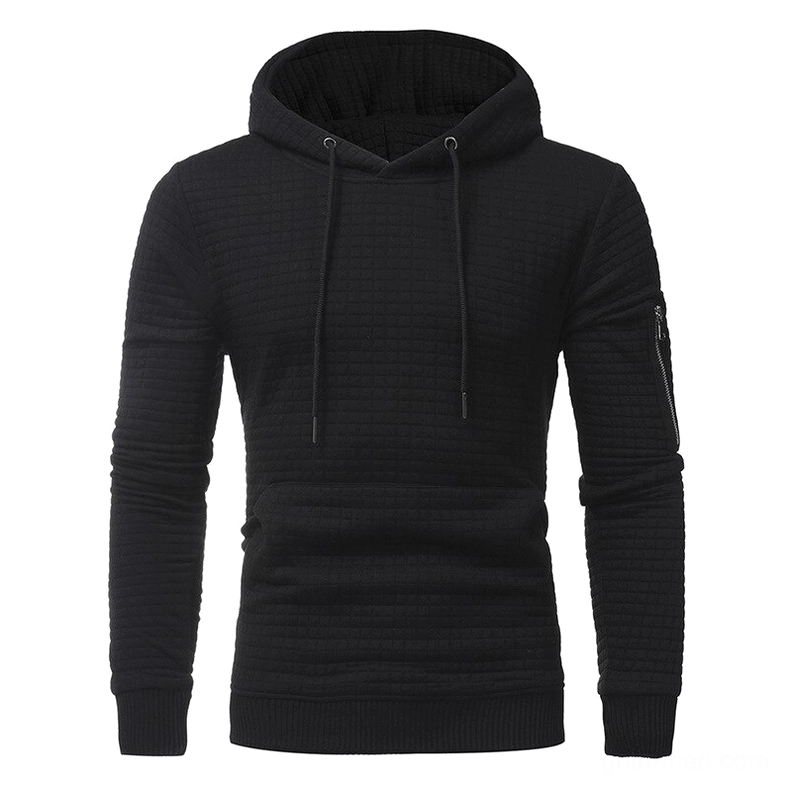 Black quilted hoodie men's streetwear arm zipper front kangaroo pocket
