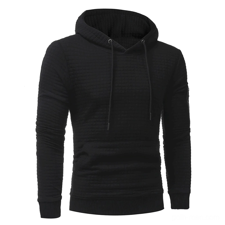 Black quilted hooded sweatshirt men without arm zipper aesthetic