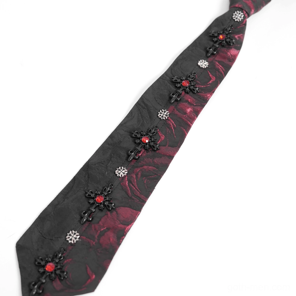 Black and red gothic crystal cross necktie full display on mannequin showing complete design and slim-fitting construction