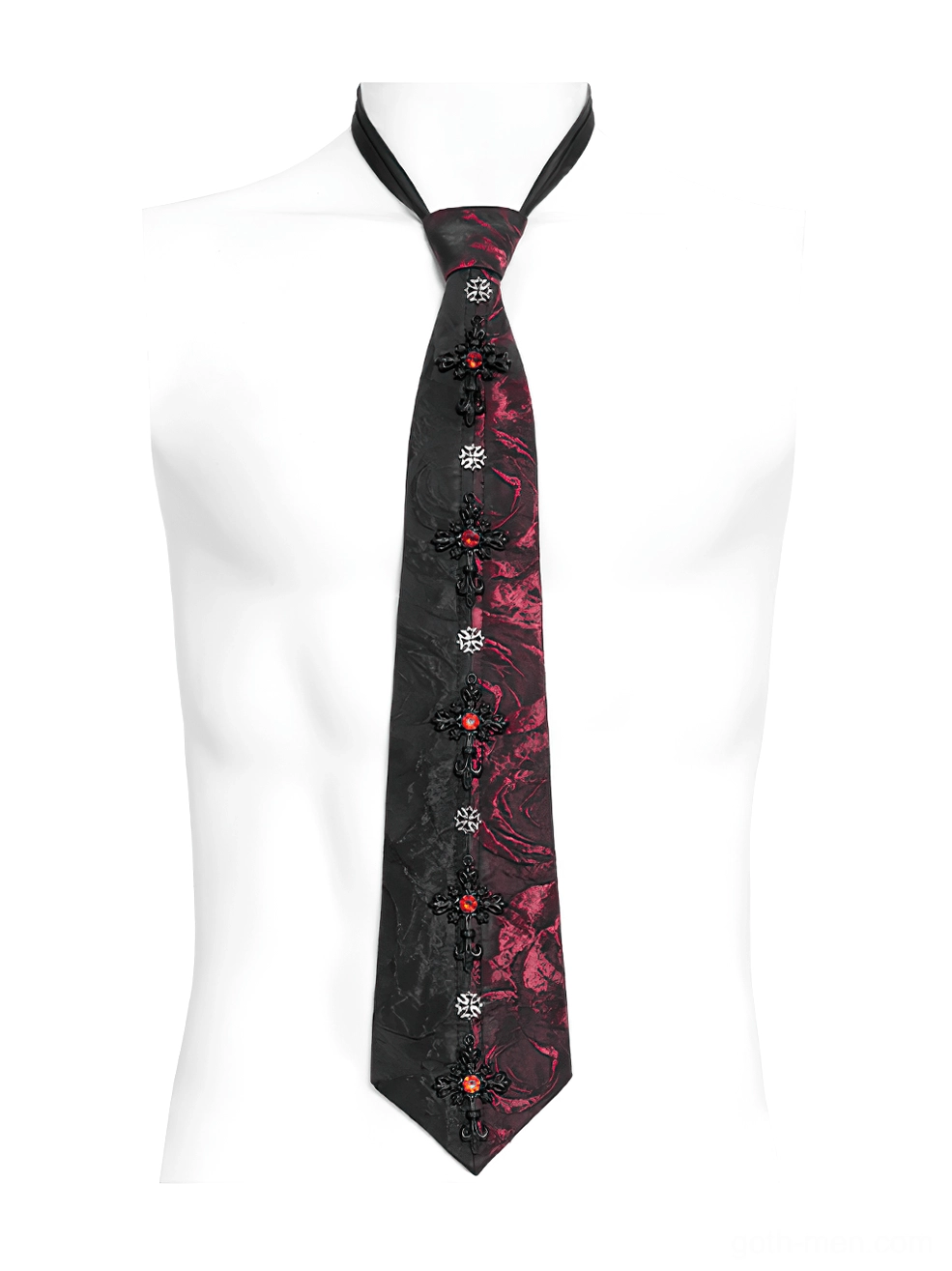 Black and red floral gothic necktie on mannequin torso, displaying red rose jacquard pattern and gothic cross gem adornments, front flat display