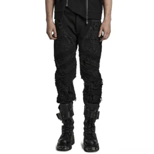 Black distressed ripped knit gothic trousers front view on male model studio shot