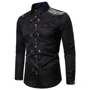 Black rivet gothic slim fit men's long shirt with leather shoulder studs and metal ring front details, three-quarter front view
