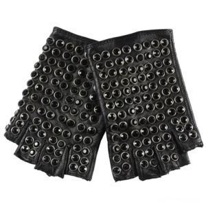 Black studded half-finger leather gloves with round metal rivets, flat lay front view on white background, gothic punk style