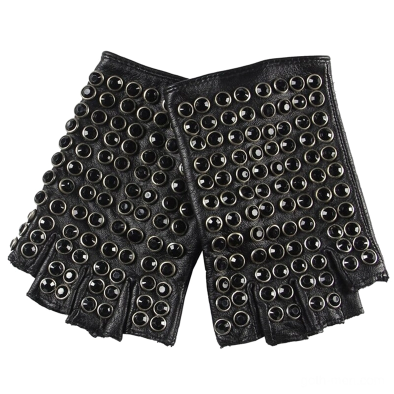Black studded half-finger leather gloves with round metal rivets, flat lay front view on white background, gothic punk style