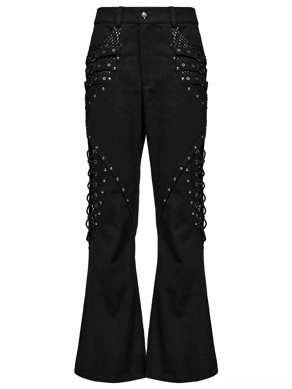 Black alternative fashion flare pants front flat lay with lace-up mesh pockets