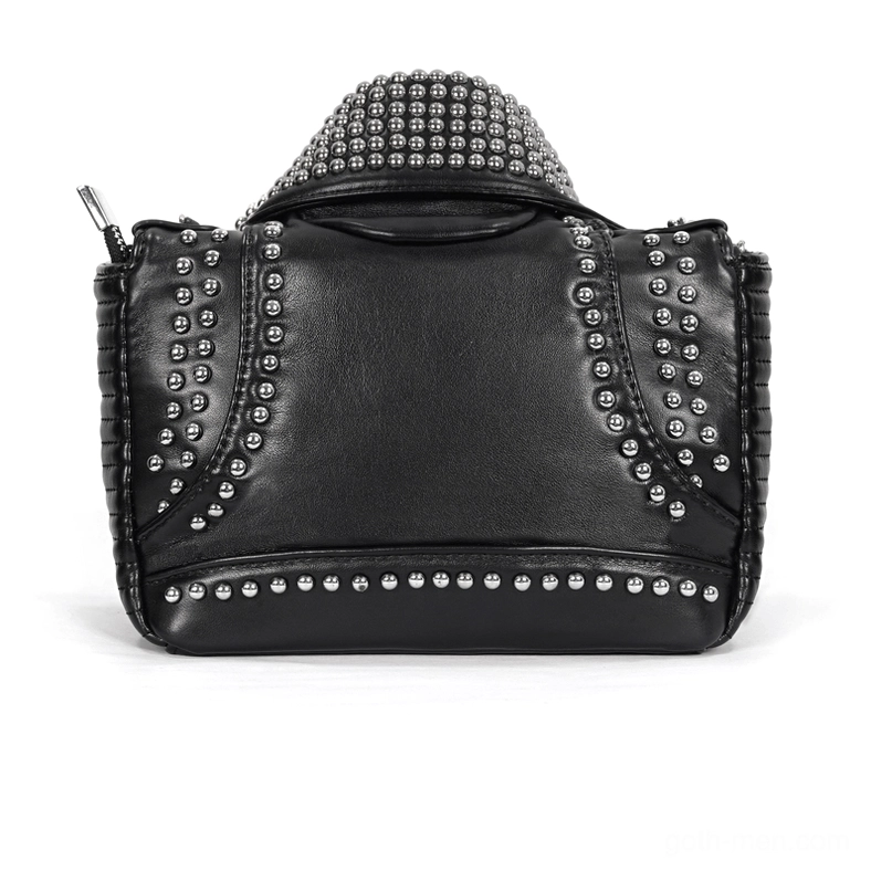 Back view of black gothic biker bag displaying silver rivet trim and structured silhouette