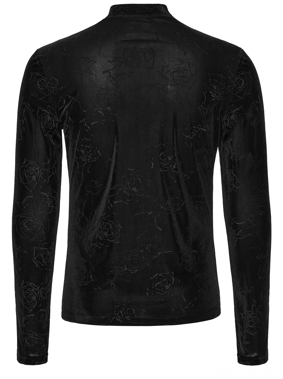 Black rose embossed velvet gothic top rear flat lay - fitted long sleeves and embossed back panel texture