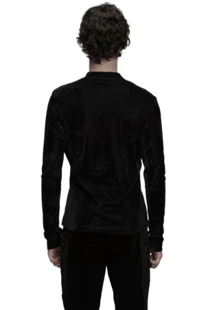 Black rose embossed velvet gothic long-sleeve top back view on male model - fitted silhouette showcasing embossed rose texture