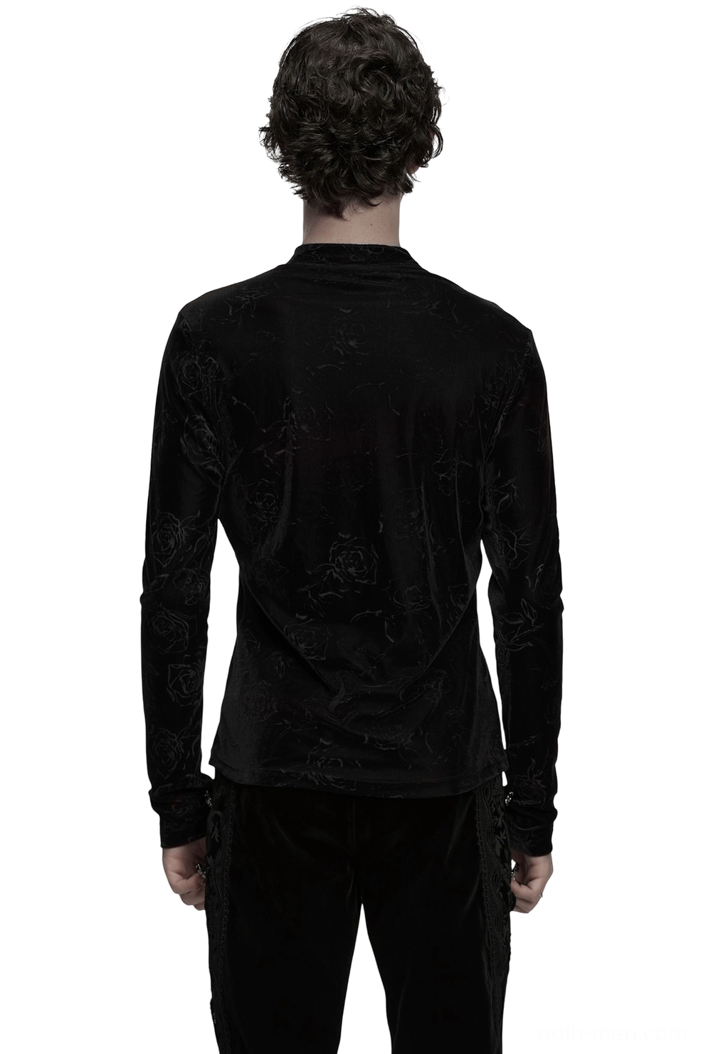 Black rose embossed velvet gothic long-sleeve top back view on male model - fitted silhouette showcasing embossed rose texture