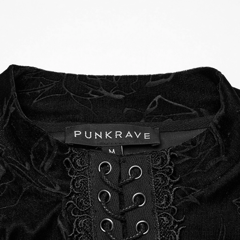 Close-up of black rose embossed velvet gothic top collar - scalloped lace trim with grommet details and brand tag