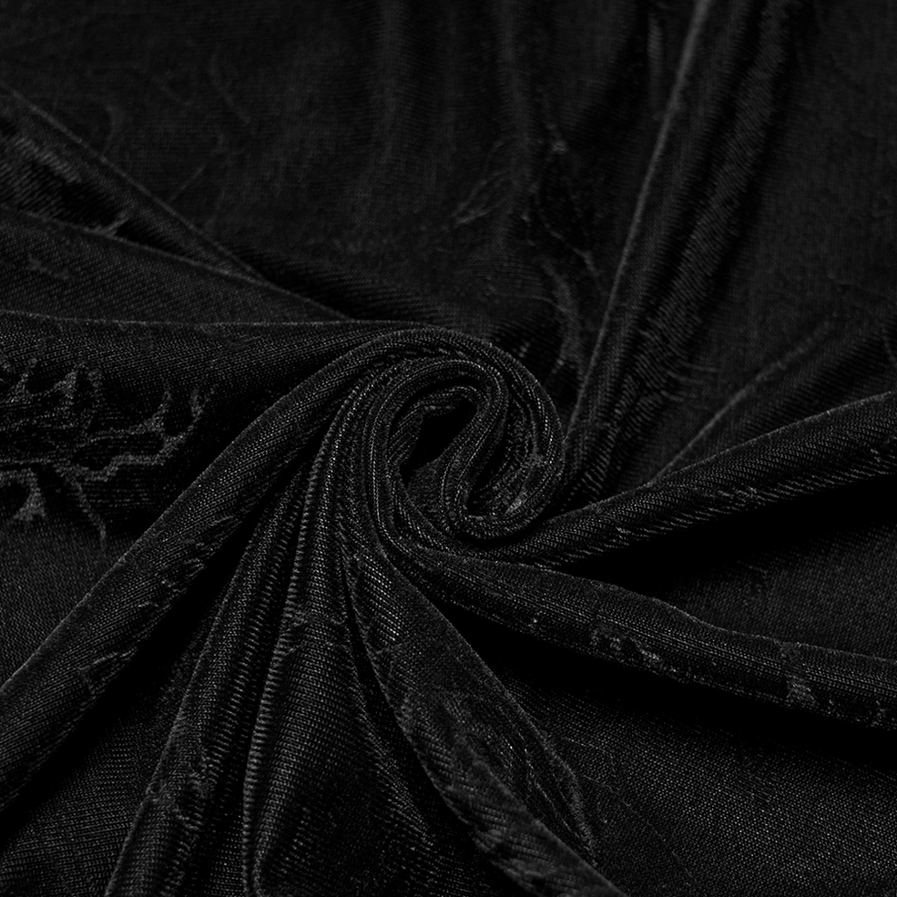 Black rose embossed velvet gothic long-sleeve top size and fit detail - slim-fitting silhouette with grommet construction