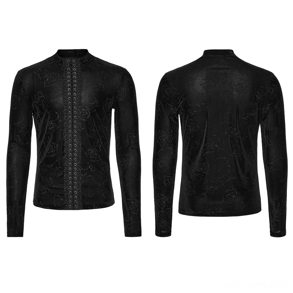 Black rose embossed velvet gothic long-sleeve top flat lay front and back - stand collar and slim-fit construction detail