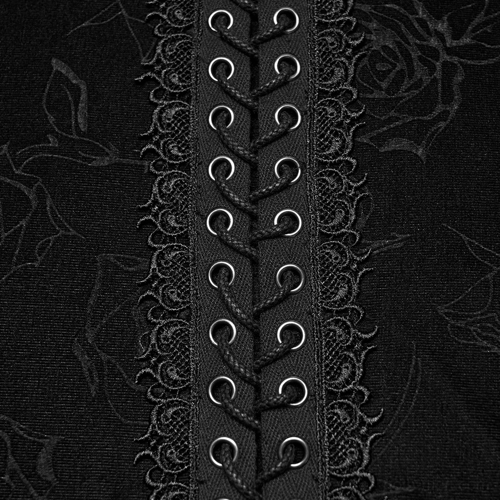 Close-up of black rose embossed velvet gothic top front placket - lace-up grommet stripe with decorative lace trim detail