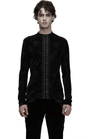 Black rose embossed velvet gothic long-sleeve top front view on male model - slim fit with stand collar and lace-up drawstring detail