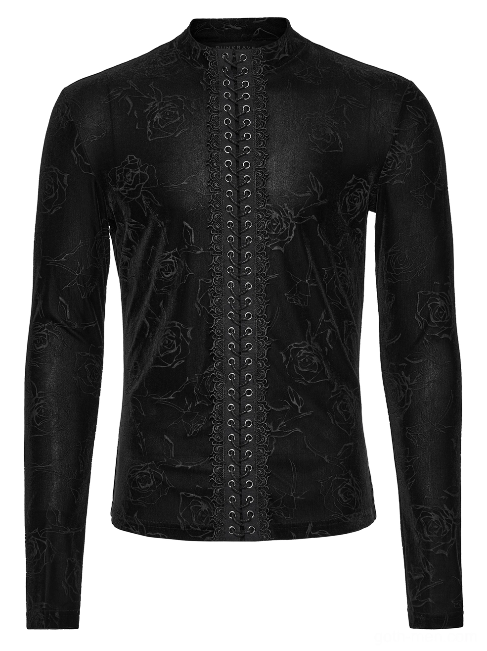 Black rose embossed velvet gothic top front flat lay - lace-up grommet drawstring closure and embossed rose fabric detail
