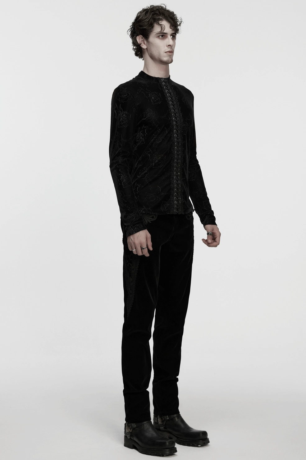 Black rose embossed velvet gothic long-sleeve top measurement reference - sleeve length and shoulder construction detail
