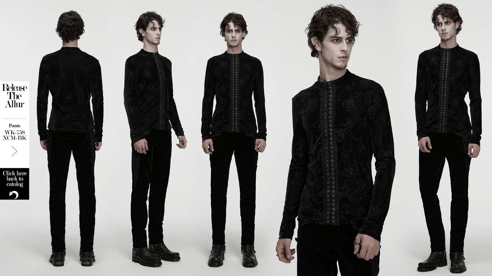 Black rose embossed velvet gothic long-sleeve top product overview - complete front view featuring embossed design