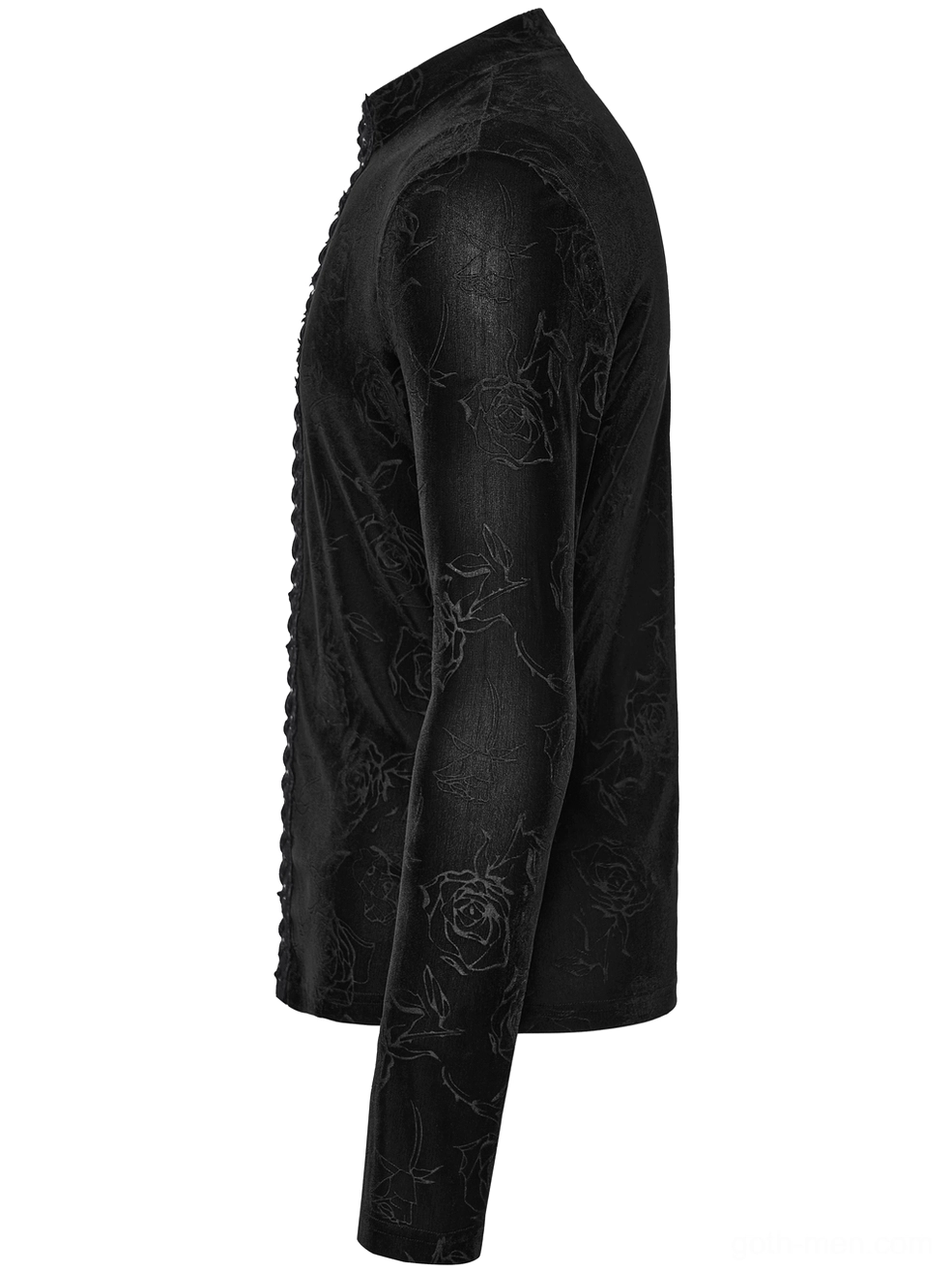 Black rose embossed velvet gothic long-sleeve top side flat lay - tailored sleeves and stand collar construction