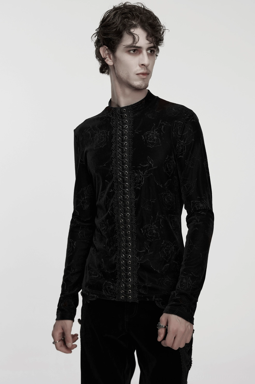 Black rose embossed velvet gothic long-sleeve top alternative styling view - lace integration and collar design showcase