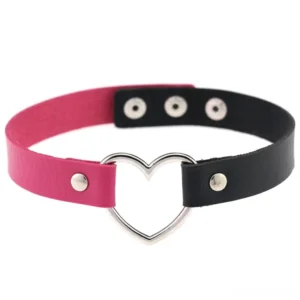 Black and rose red dual-color leather heart choker featuring silver heart charm and snap button adjustment
