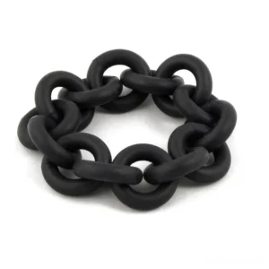 Chunky black rubber chain gothic bangle bracelet - top-down flat lay view of matte black oval link design