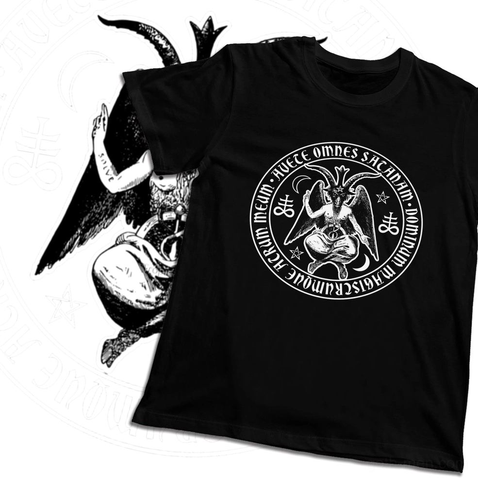 Flat lay overhead view of black satanic cross graphic cotton t-shirt with Baphomet print