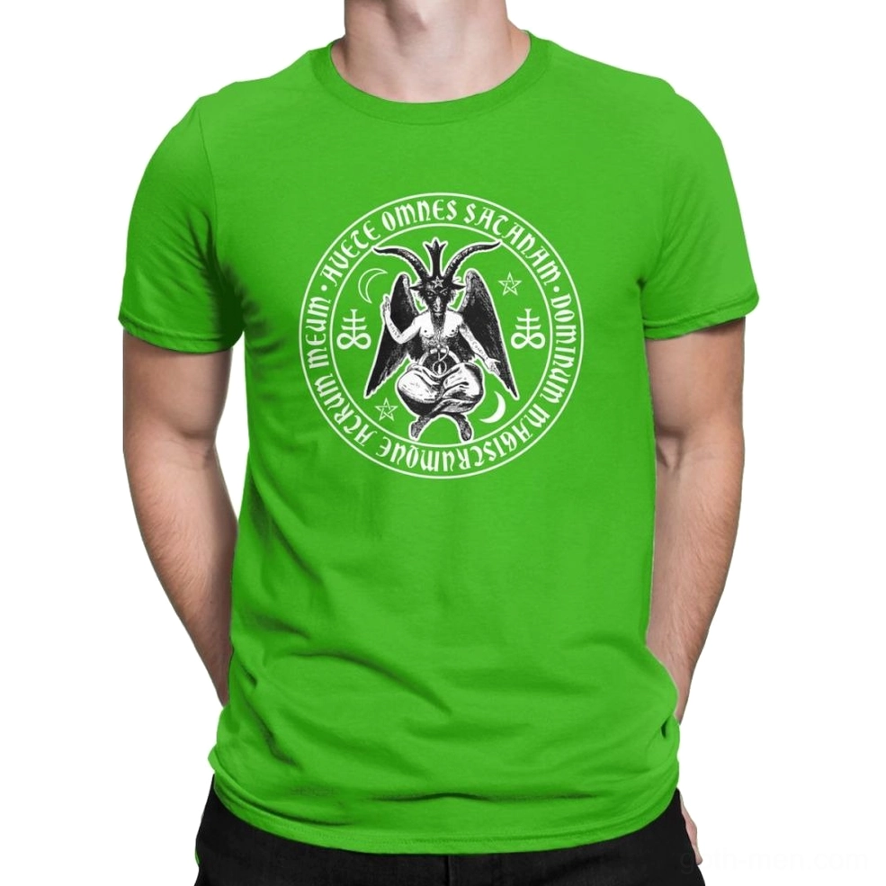 Black Baphomet satanic cross graphic t-shirt detail showing print quality and cotton fabric texture