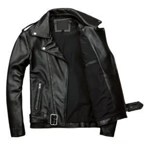 Black sheepskin leather gothic biker jacket interior view lined pockets removable waist belt