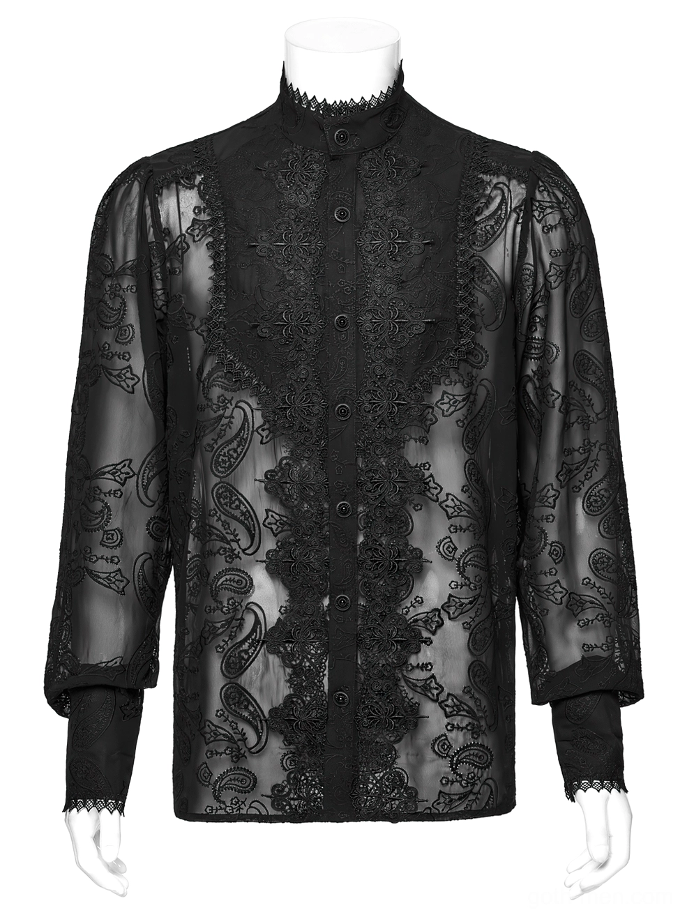 Flat front view of black sheer chiffon gothic shirt displaying translucent fabric and intricate paisley embroidery