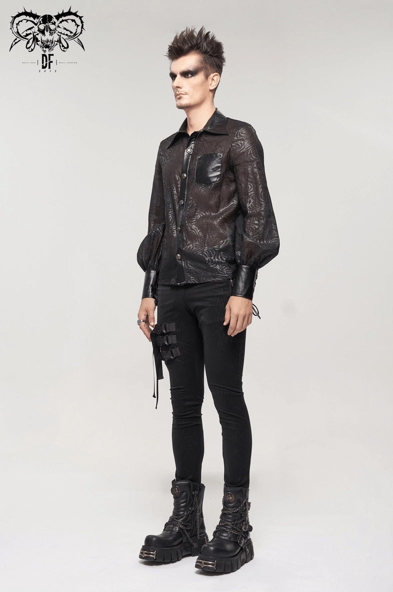 Black gothic sheer shirt detail view highlighting jacquard pattern and fabric transparency, fashion photography studio setup