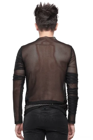 Black sheer mesh gothic long sleeve top rear view on male model, transparent mesh fabric back detail