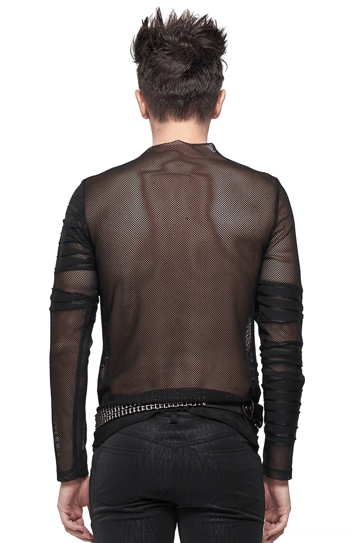 Black sheer mesh gothic long sleeve top rear view on male model, transparent mesh fabric back detail