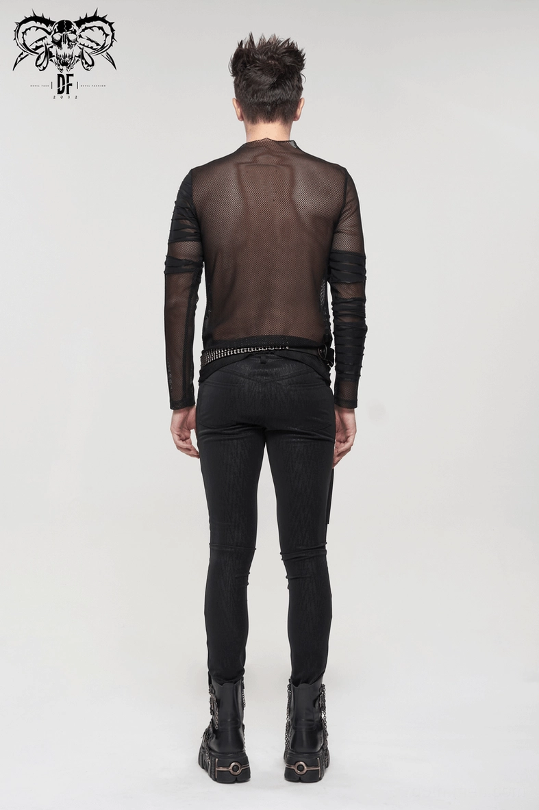 Black sheer gothic mesh long sleeve top complete product view with transparent fabric and striped elements