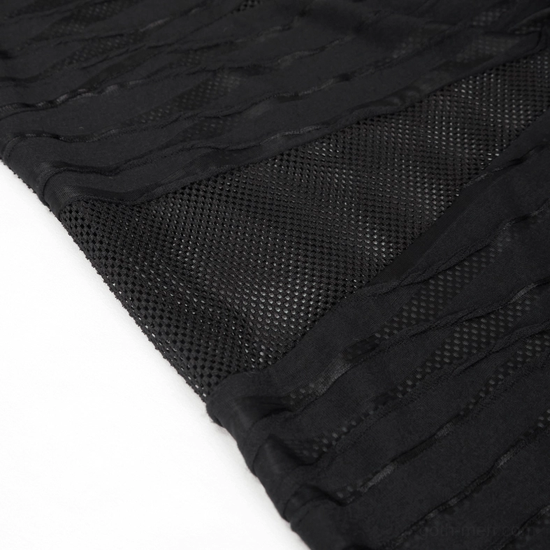 Additional styling view of black sheer gothic mesh long sleeve top with transparent fabric construction