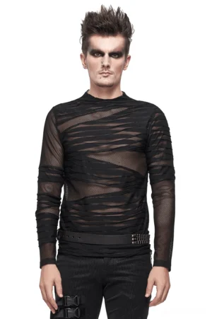 Male model wearing black sheer gothic mesh long sleeve top with asymmetric striped overlay, front view, gothic punk fashion